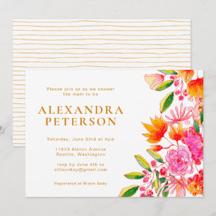 Invitation Aquarelle rose et orange Baby shower floral