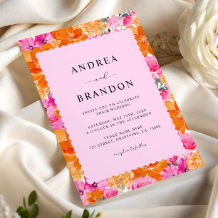 Invitation Aquarelle rose et orange Floral & Frame Wavy