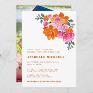 Invitation Aquarelle rose et orange Floral Vibrant Graduation