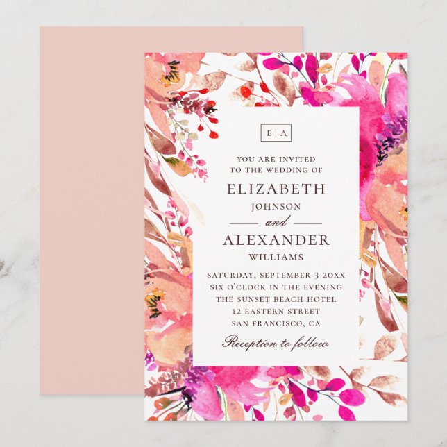 Invitation Aquarelle rose et pêche jardin fleuri mariage (Devant / Derrière)