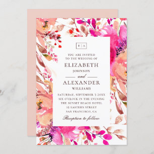 Invitation Aquarelle rose et pêche jardin fleuri mariage