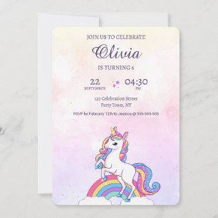 Invitation Aquarelle rose et pourpre Unicorne Anniversaire