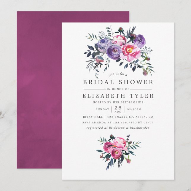 Invitation Aquarelle rose et prune Fête des mariées florale (Devant / Derrière)