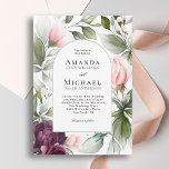 Invitation Aquarelle rose et prune Mariage de charme botaniqu<br><div class="desc">Romantique rose et prune aquarelle fleuris rose et verdure luxuriante font de ce design faire-part de mariage pop avec style et charme. Le cadre arc-en-ciel assorti bordé de vert sauge clair ajoute une allure stylée aux éléments botaniques. Cette combinaison de couleurs présente un beau contraste et est un choix populaire...</div>