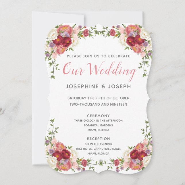 Invitation Aquarelle rose et Rose Peonies Fleurs Notre Mariag (Devant)