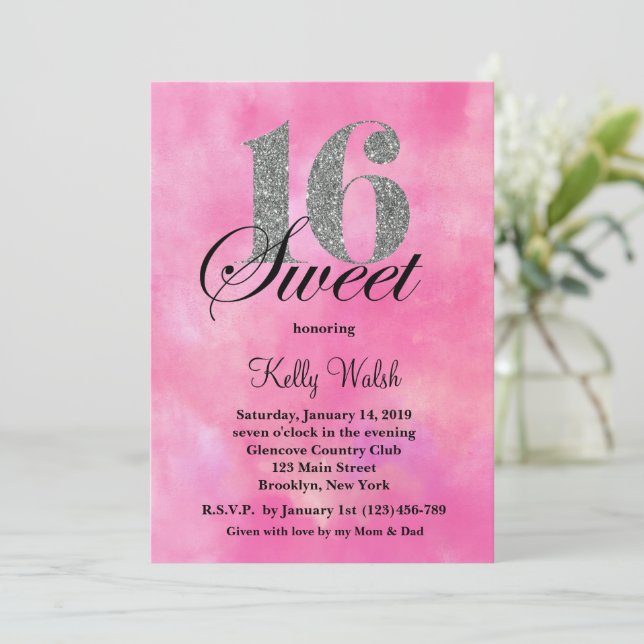 Invitation Aquarelle rose et typographie Parties scintillant  (Debout devant)
