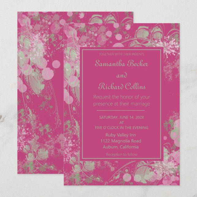 Invitation Aquarelle rose et vert Mariage botanique (Devant / Derrière)