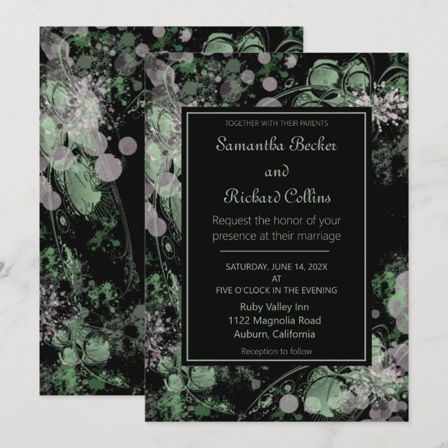 Invitation Aquarelle rose et vert Mariage botanique (Devant / Derrière)