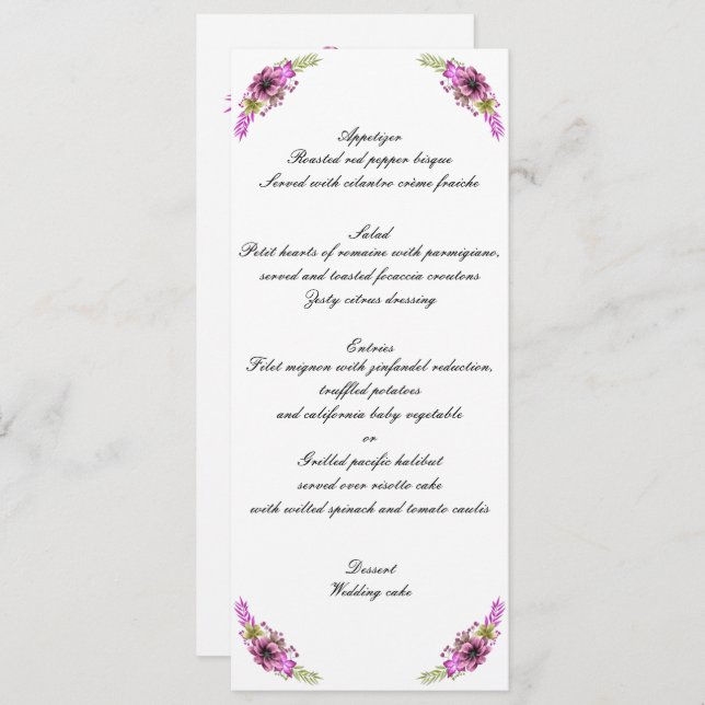 Invitation Aquarelle Rose Et Vert Mariage Floral Menu (Devant / Derrière)
