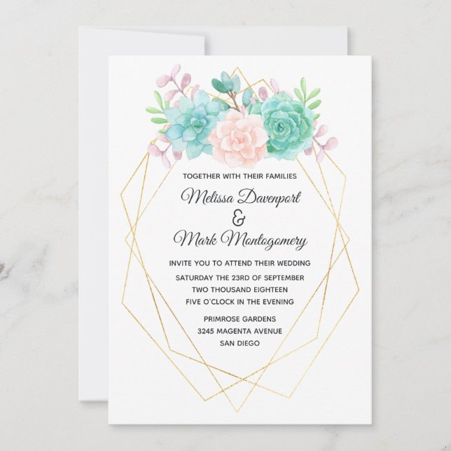 Invitation Aquarelle rose et vert moderne Mariage Succulent (Devant)