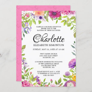 Invitation Aquarelle rose et violet florale Baptême
