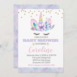 Invitation Aquarelle rose et violet Style Unicorne Baby showe
