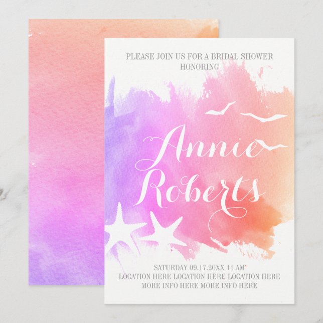 Invitation Aquarelle rose, étoile de mer mariage douche nupti (Devant / Derrière)