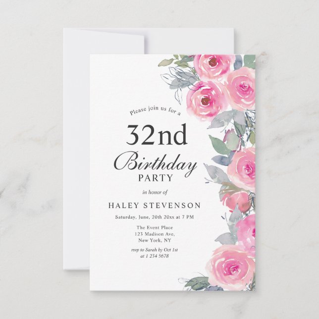 Invitation Aquarelle rose feminine Floral Chic 32e anniversai (Devant)