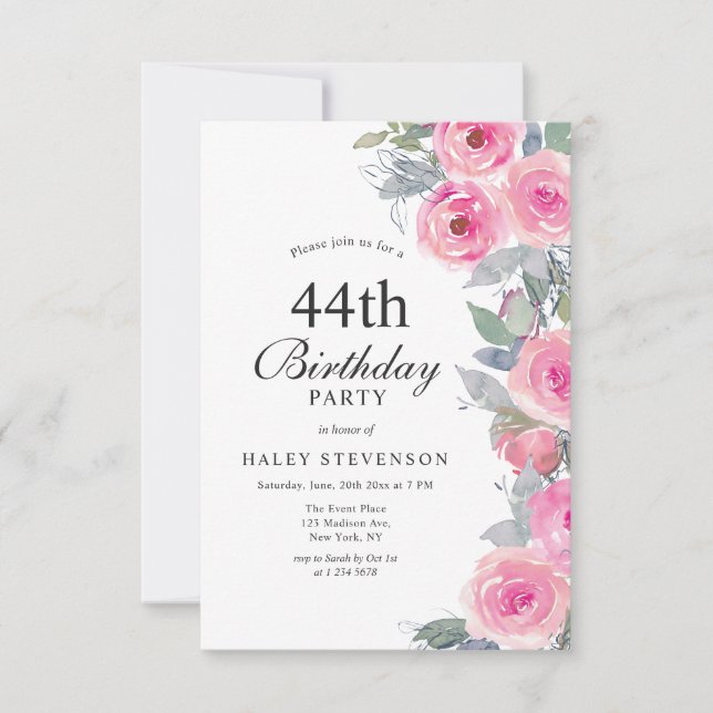 Invitation Aquarelle rose feminine Floral Chic 44e anniversai (Devant)