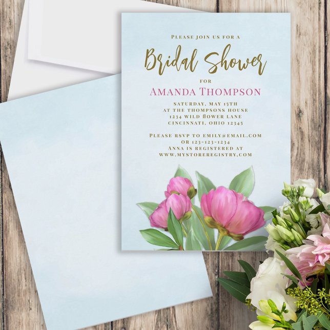 Invitation Aquarelle rose Fête des mariées florale (Pretty pink peonies bridal shower invitations.)