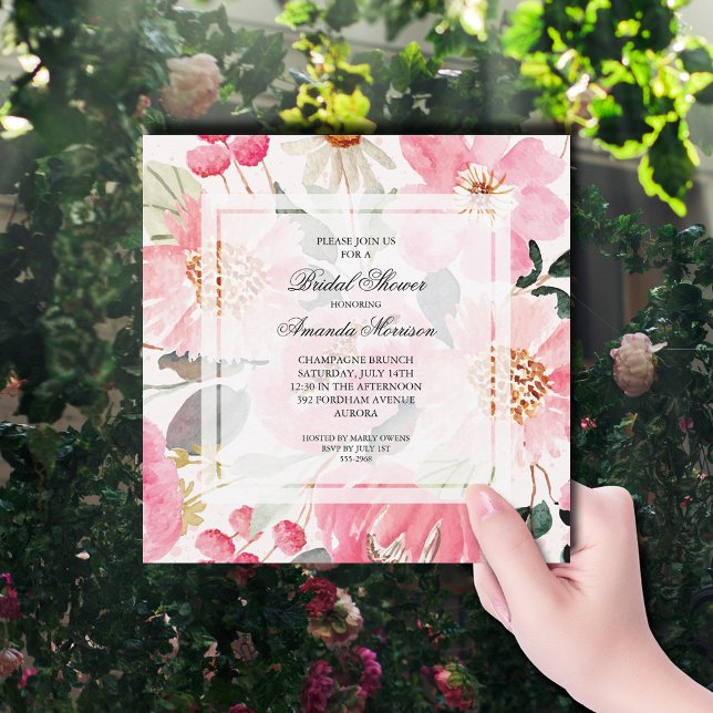 Invitation Aquarelle rose Fête des mariées florale (Watercolor pink garden flowers bridal shower square invitations)