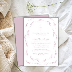 Invitation Aquarelle rose Feuille Frame Cross Girl Baptême