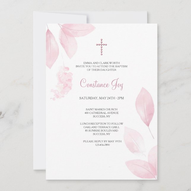 Invitation Aquarelle rose Feuilles religieux (Devant)
