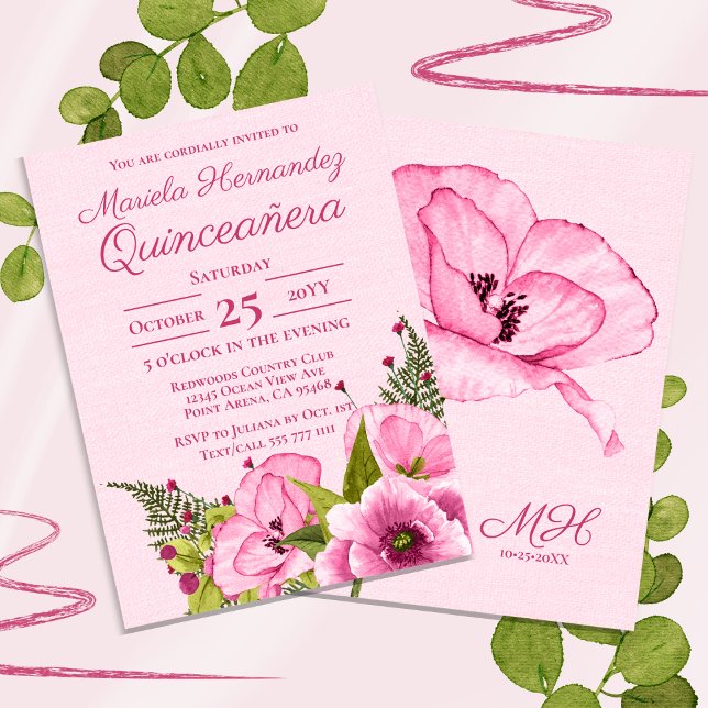 Invitation Aquarelle rose Fille Floral Quiceañera (Créateur téléchargé)
