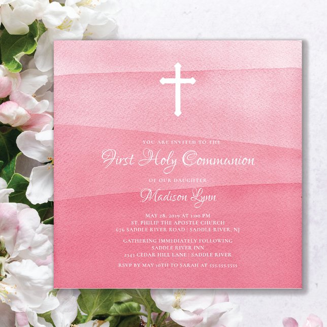 Invitation Aquarelle rose Filles première sainte communion (Créateur téléchargé)