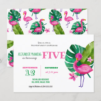 Invitation Aquarelle rose Flamant rose Tropical Anniversaire