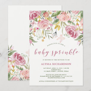 Invitation Aquarelle rose fleur   Doré Floral Bébé saupoudré
