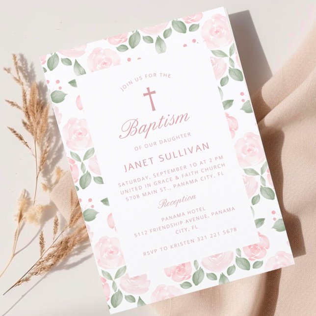 Invitation Aquarelle rose Fleur fille Baptême (Créateur téléchargé)