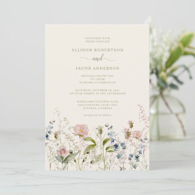 Invitation Aquarelle rose Fleur sauvage Floral Mariage ivoire (Debout devant)