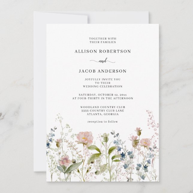Invitation Aquarelle rose Fleur sauvage Mariage Floral (Devant)