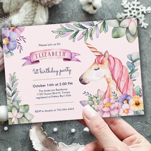 Invitation Aquarelle rose Fleur Unicorn Fille Anniversaire (Pink Watercolor Flower Unicorn Girl Birthday Invitation)
