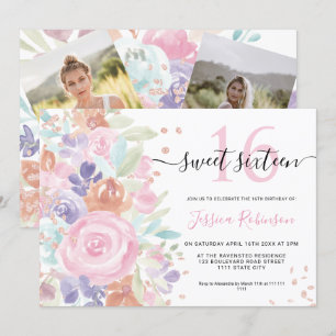 Invitation Aquarelle rose fleurie parties scintillant Sweet 1