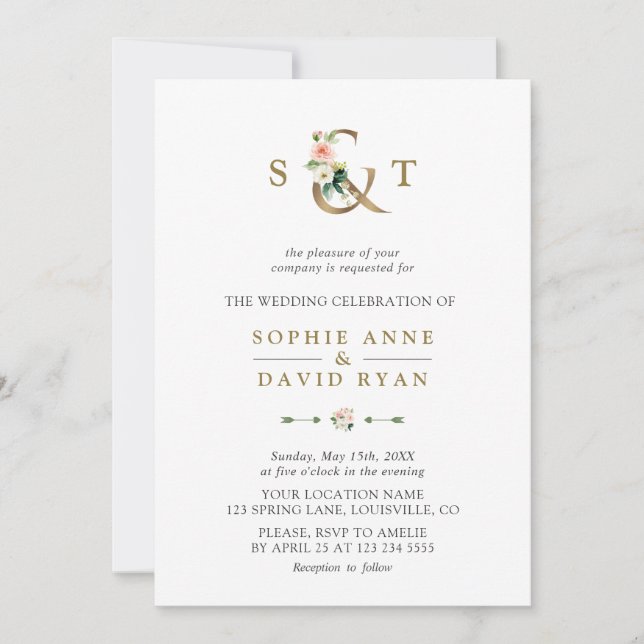 Invitation Aquarelle rose Fleurs blanches Ampersand Mariage (Devant)