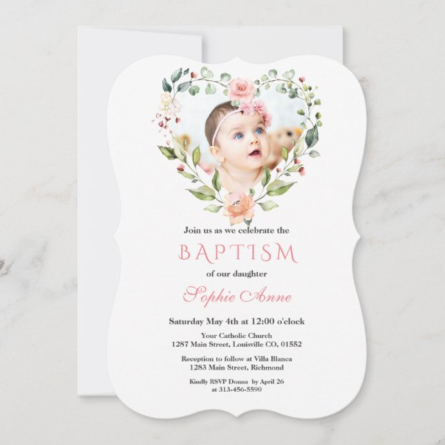 Invitation Aquarelle rose Fleurs blanches Florales Photo Bapt (Devant)