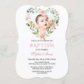 Invitation Aquarelle rose Fleurs blanches Florales Photo Bapt