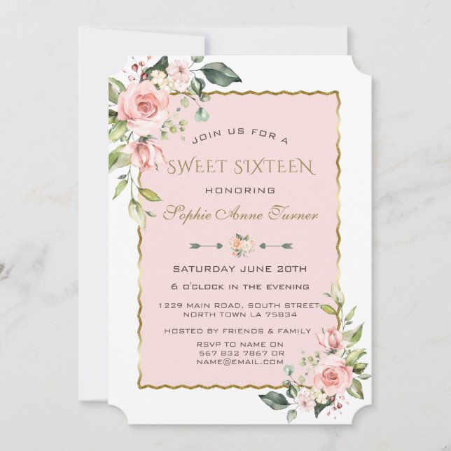 Invitation Aquarelle rose Fleurs blanches or doux 16 (Devant)