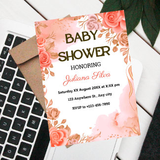 Invitation Aquarelle rose Fleurs élégantes Baby Girl Douche