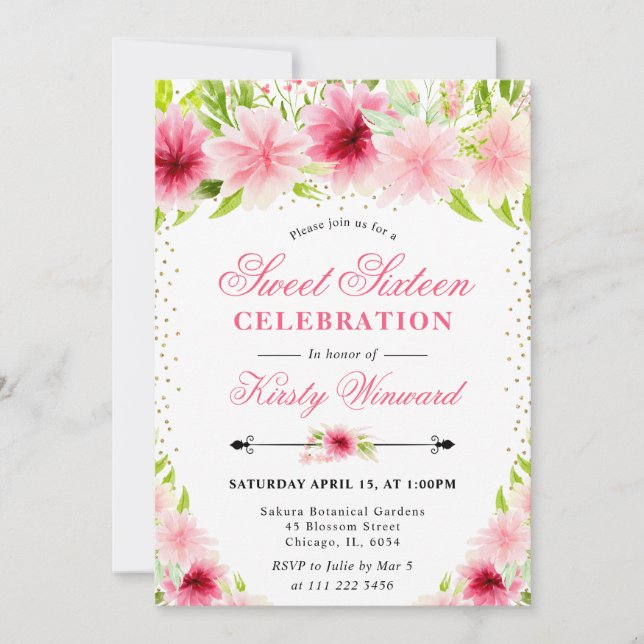 Invitation Aquarelle rose Fleurs estivales Photo Sweet 16 (Devant)