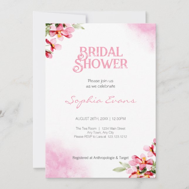 Invitation Aquarelle rose Fleurs Fête des mariées blanche (Devant)