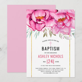 Invitation Aquarelle rose fleurs florales fille Baptême