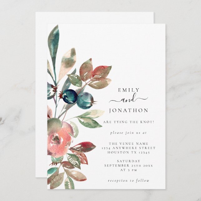 Invitation Aquarelle rose fleurs Mariage botanique Turquoise (Devant / Derrière)