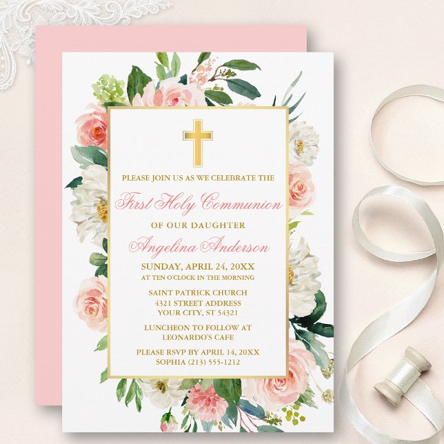 Invitation Aquarelle Rose Fleurs rose Or Frame Communion (Customize to change text color, size, style or to change color of back of card.)
