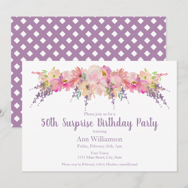 Invitation Aquarelle rose Floral 50e Anniversaire surprenant (Devant / Derrière)