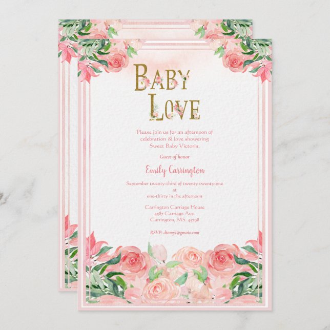 Invitation Aquarelle rose Floral Baby Love Girl Baby shower (Devant / Derrière)