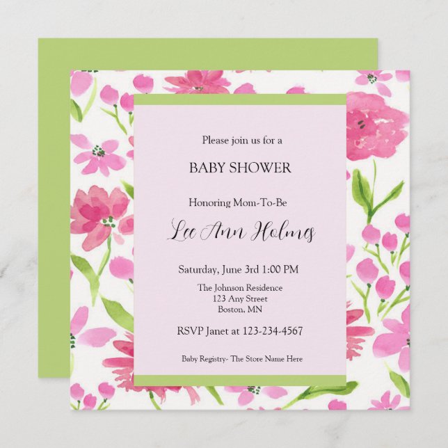 Invitation Aquarelle rose Floral Baby shower personnalisé (Devant / Derrière)