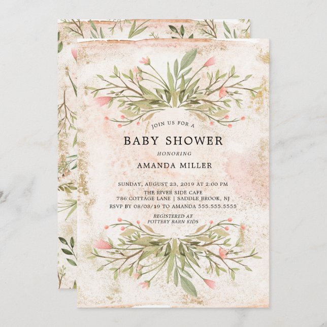Invitation Aquarelle rose Floral & Baby shower vert (Devant / Derrière)
