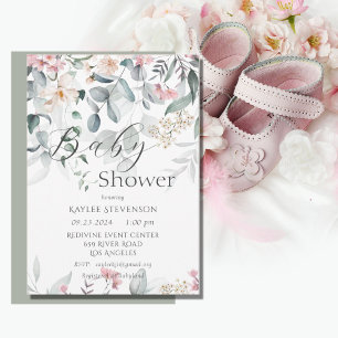 Invitation Aquarelle rose Floral Baby shower vert