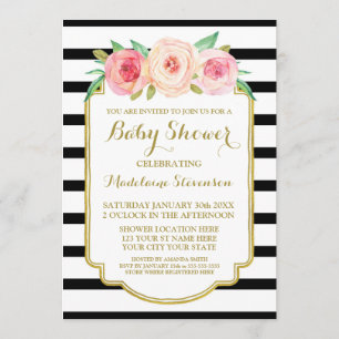 Invitation Aquarelle rose Floral Black Stripes Baby shower