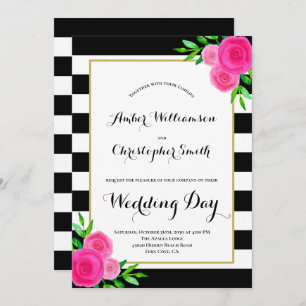 Invitation Aquarelle rose Floral Black White Stripes Mariage