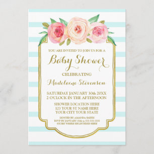 Invitation Aquarelle rose Floral Bleu Baby shower